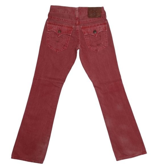 True Religion Pants Jeans Ricky Big T Men Faded Burgundy Red Distressed Size 38